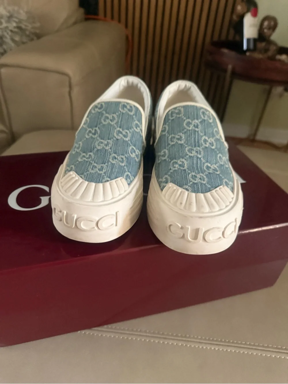 Women's Denim Monogram Slip-On Sneakers in Light Blue and White